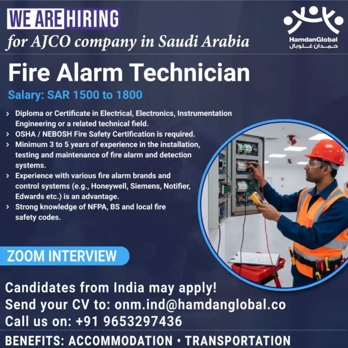 Fire Alarm Technician working on safety systems in Saudi Arabia