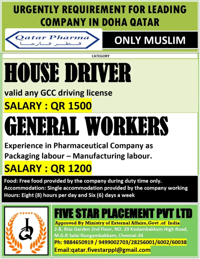 Qatar Pharma Job Opportunities in Doha for House Driver and General Workers