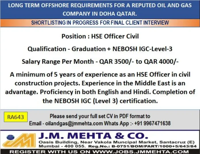 HSE Officer Civil Job Opening in Qatar Oil and Gas Industry