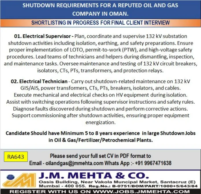 Electrical Supervisor and Technician Jobs in Oman for Oil and Gas Shutdown