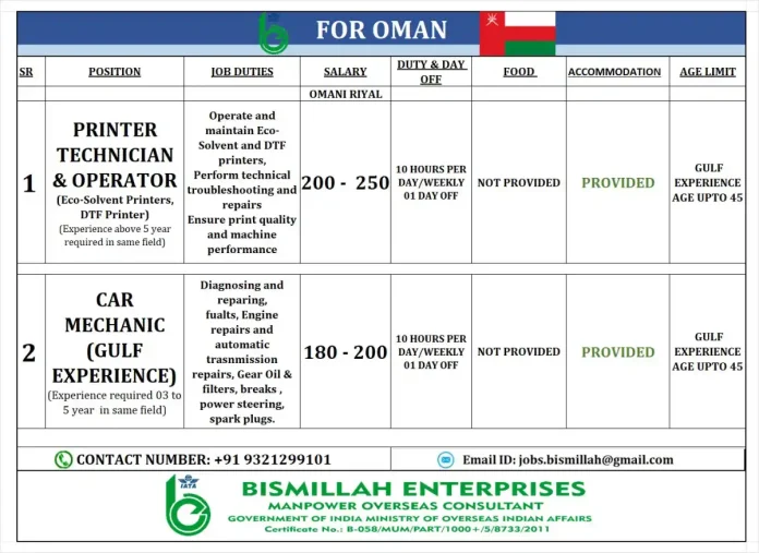 Job opportunities in Oman for technicians and mechanics