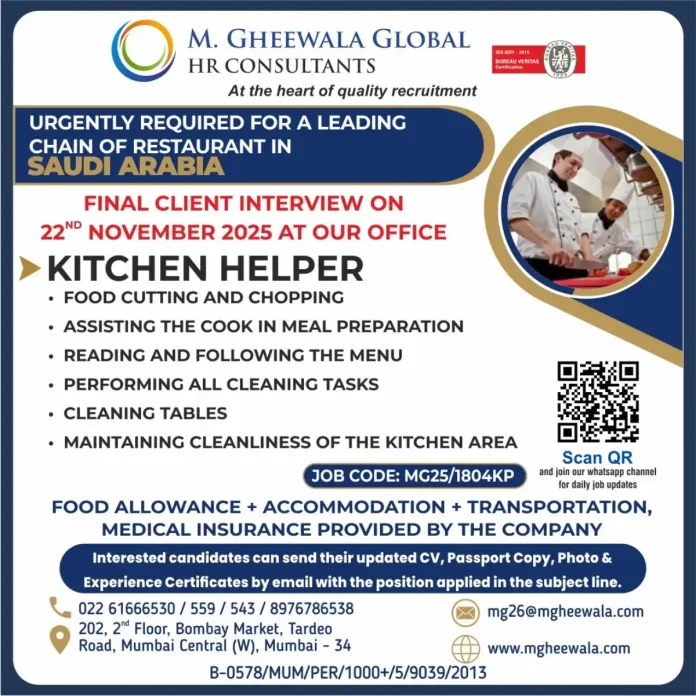 Kitchen Helper Job Opportunity in Saudi Arabia