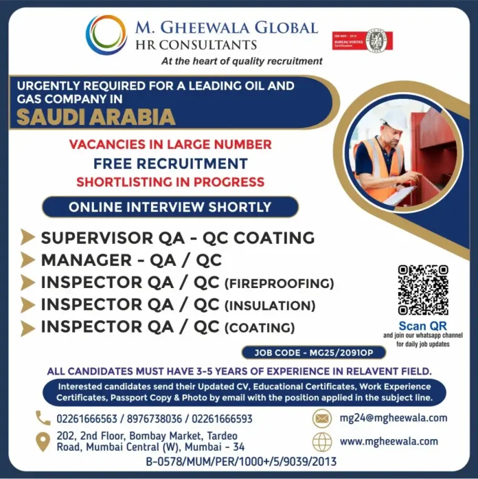 QA QC Job Recruitment for Saudi Arabia Oil and Gas Industry