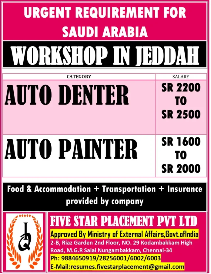 Auto workshop in Jeddah for denter and painter job opportunities