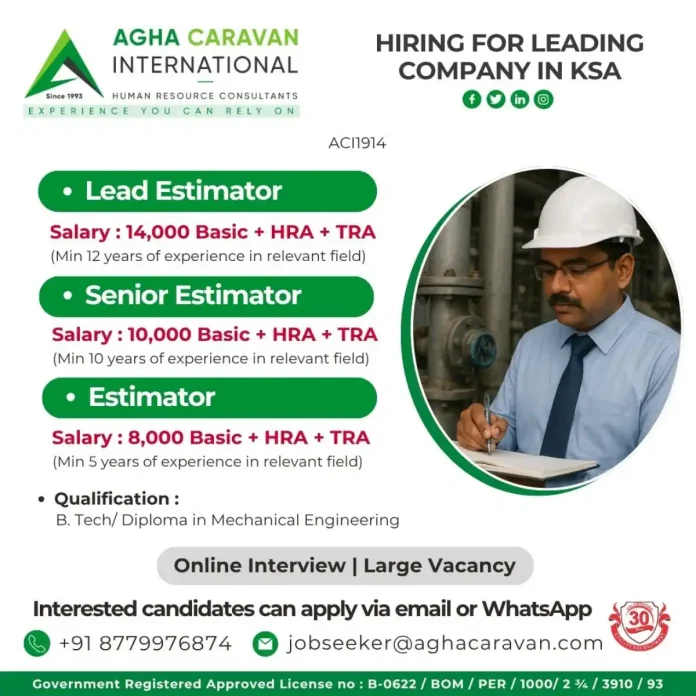 AGHA CARAVAN Estimator Job Opportunities in Saudi Arabia