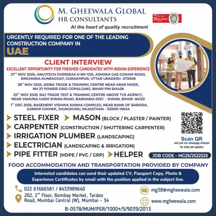 M. Gheewala Global HR Consultants Recruitment for UAE Construction Jobs