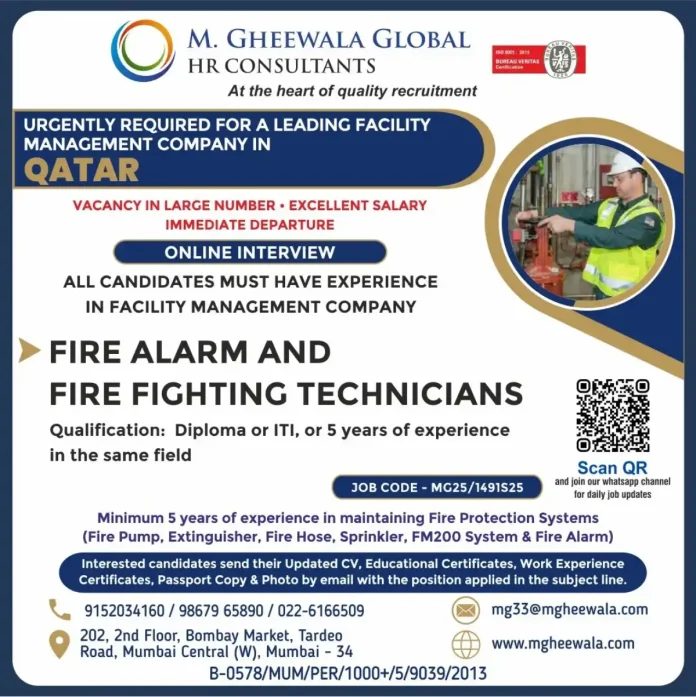 Fire Fighting Technician maintaining fire protection systems in Qatar