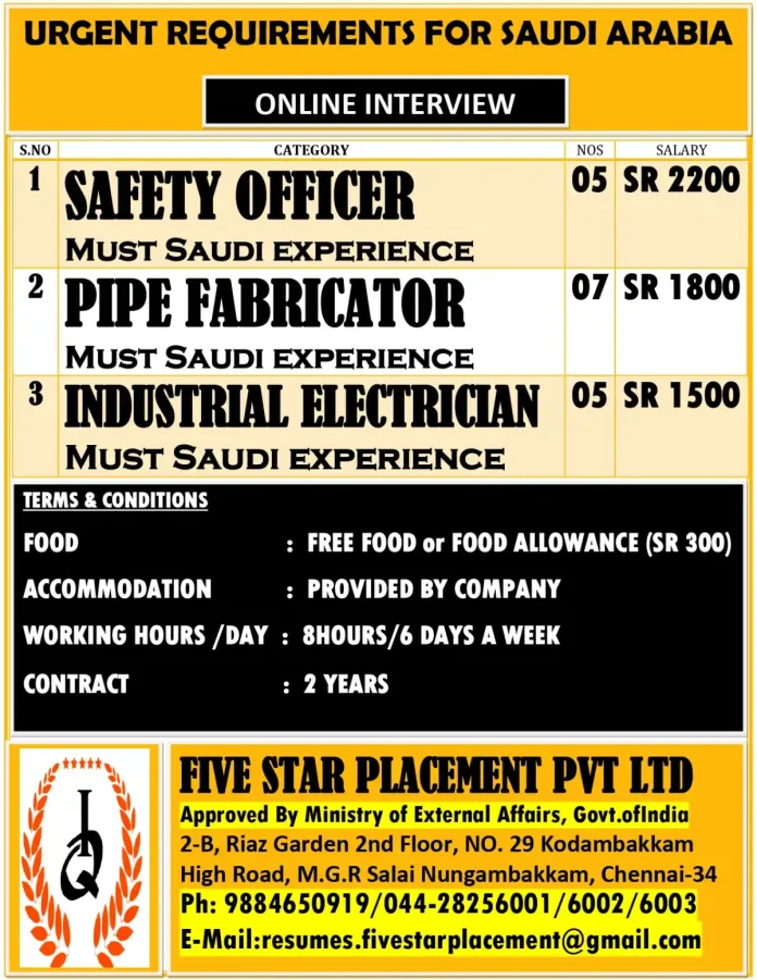 Job Opportunities in Saudi Arabia for Safety Officer, Pipe Fabricator, and Industrial Electrician