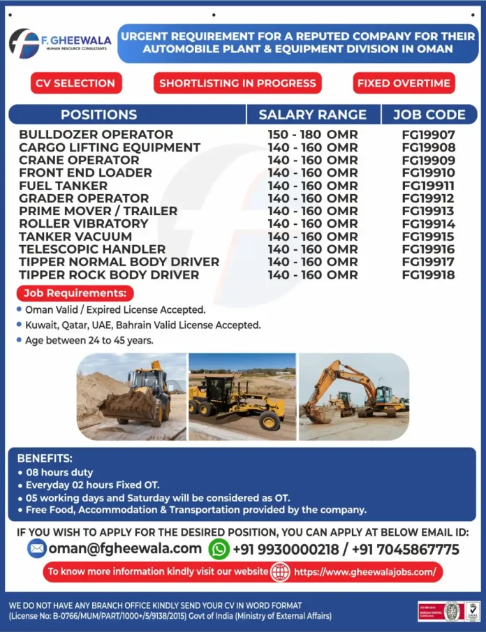Heavy Equipment Operator Job Opportunity in Oman