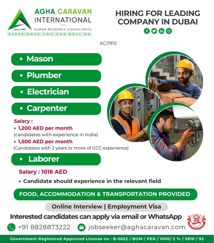 Construction workers and job opportunities in Dubai with Agha Caravan International