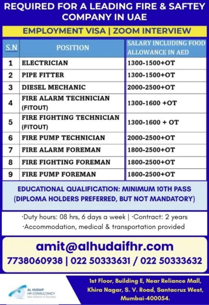 Fire Safety Job Opportunities in UAE for Technicians and Foremen