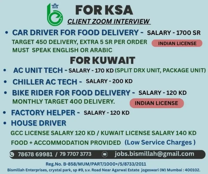 Bismillah Enterprises Job Recruitment for KSA and Kuwait Positions