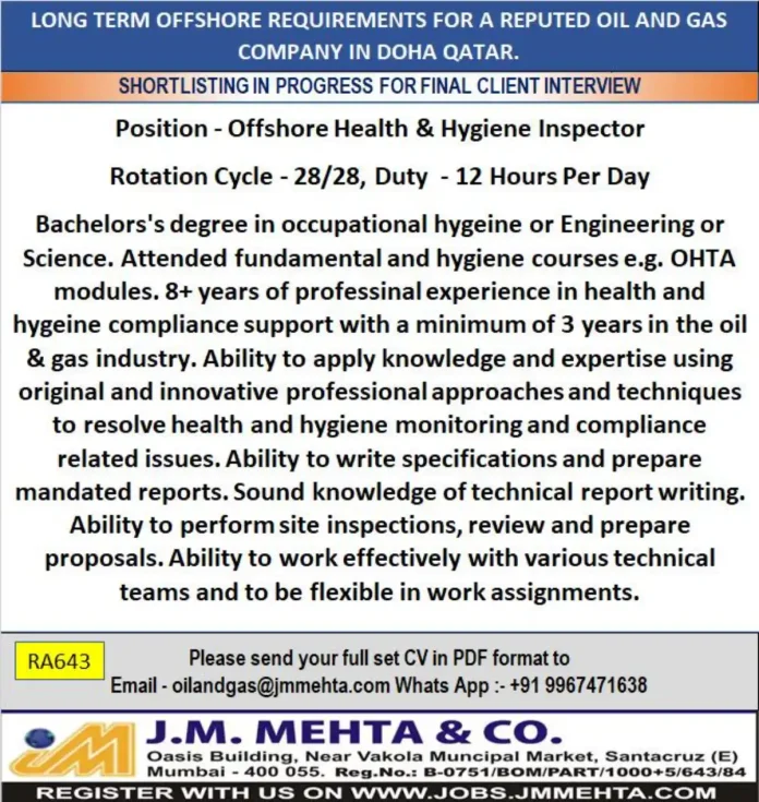 Offshore Health and Hygiene Inspector performing site inspection at oil and gas facility in Qatar