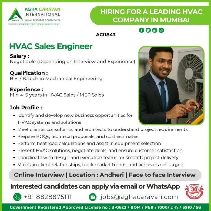 HVAC Sales Engineer Job Opening in Mumbai with AGHA CARAVAN