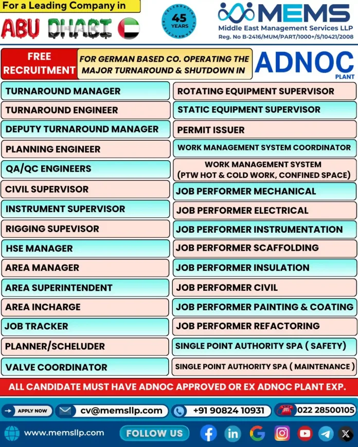 ADNOC Turnaround Job Recruitment