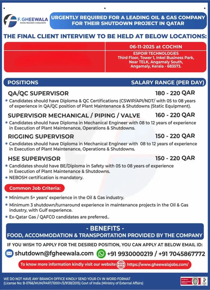F. GHEEWALA Recruitment for Oil & Gas Supervisor Jobs in Qatar