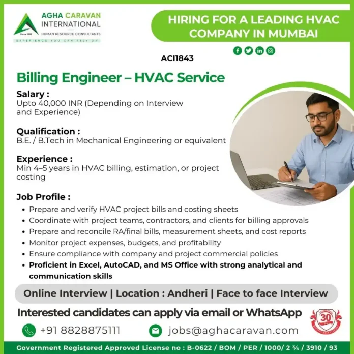 Billing Engineer HVAC Service Job Opening in Mumbai