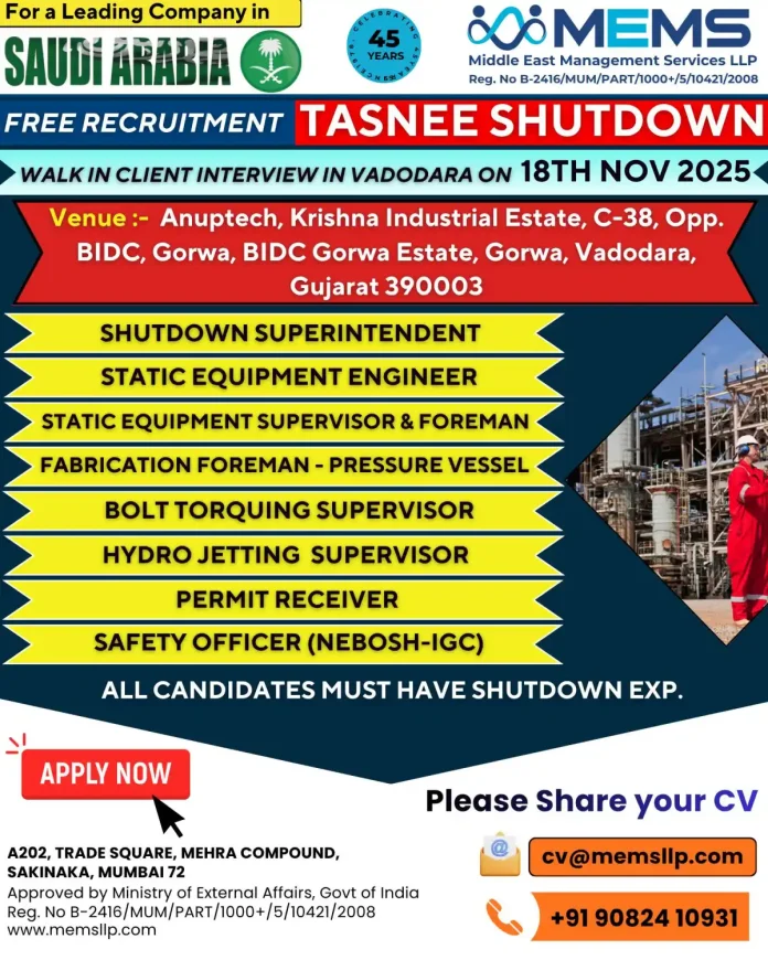 Recruitment for Shutdown Jobs in Saudi Arabia with Tasnee