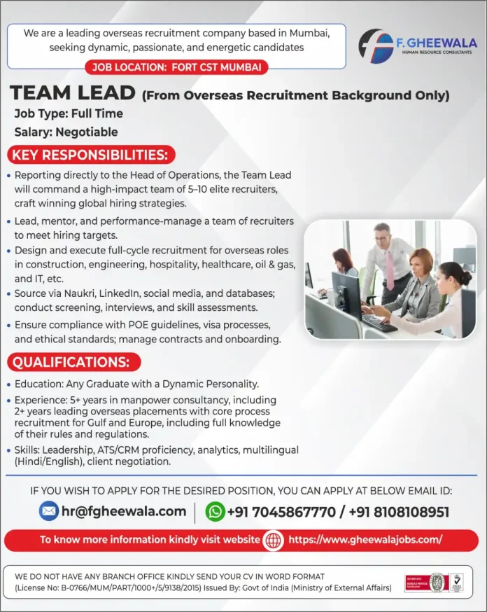 Team Lead Overseas Recruitment Job at F. Gheewala Mumbai