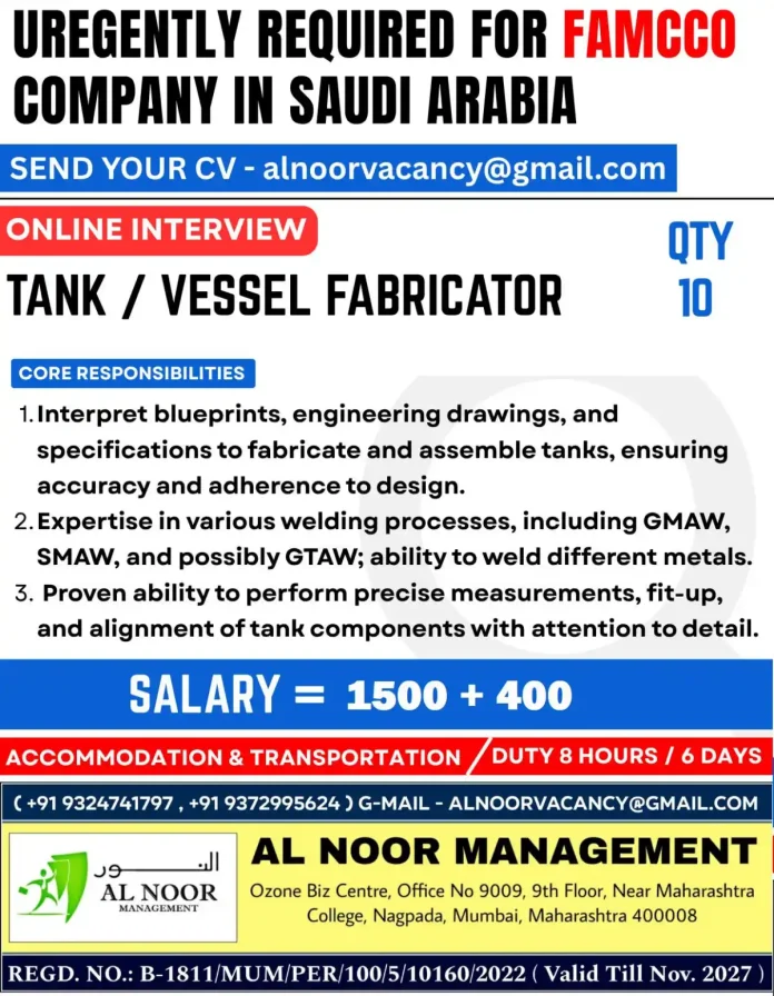 Tank Vessel Fabricator Job Opening in Saudi Arabia with FAMCCO