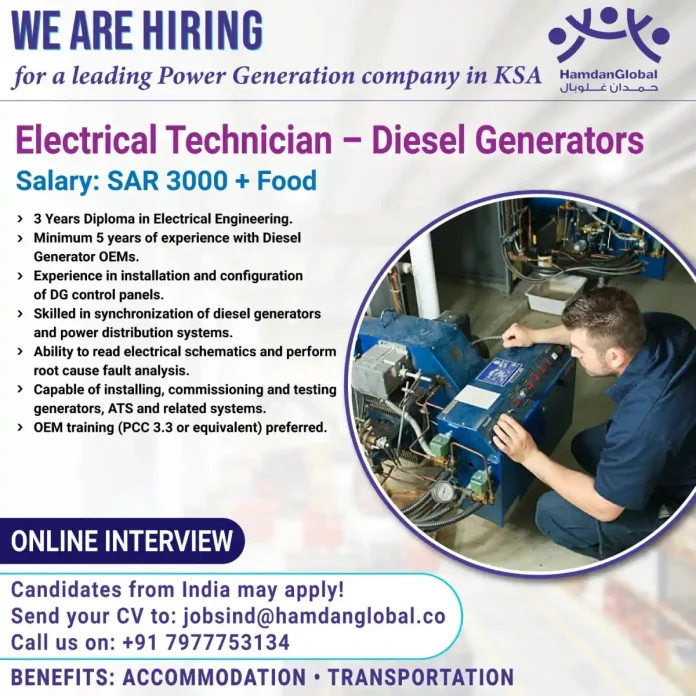 Electrical Technician working on diesel generator in KSA