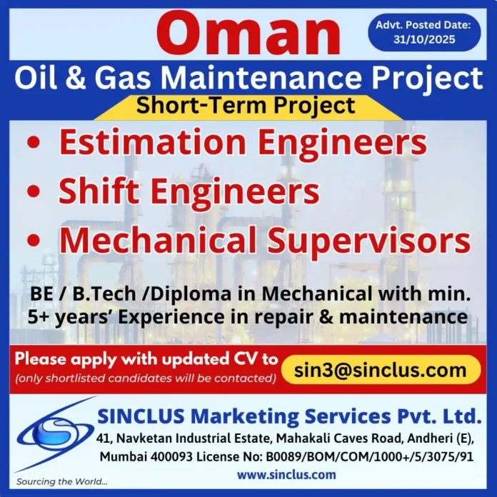 Oil and Gas Maintenance Engineers Recruitment in Oman
