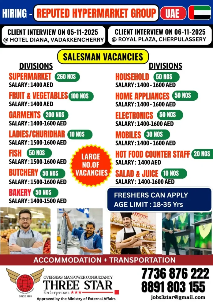 Hypermarket Salesman Recruitment UAE 2025 - Three Star Enterprises