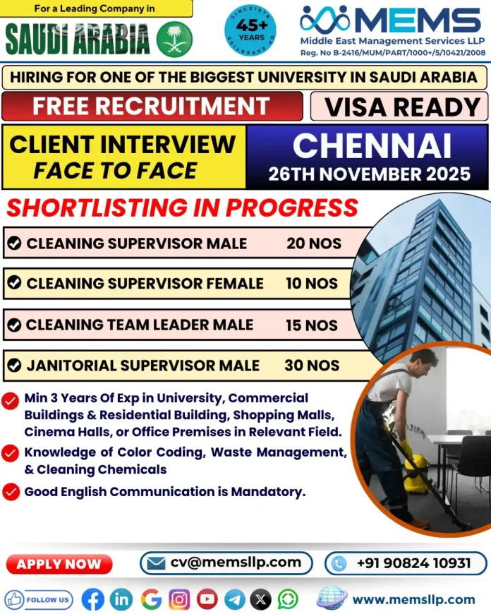 Cleaning supervisor team managing university facilities in Saudi Arabia