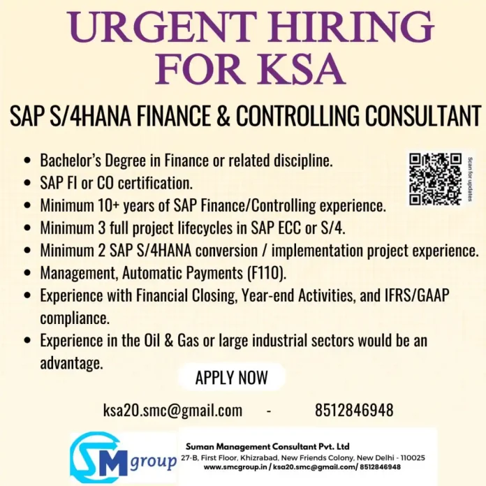 SAP S/4HANA Finance and Controlling Consultant job opportunity in KSA