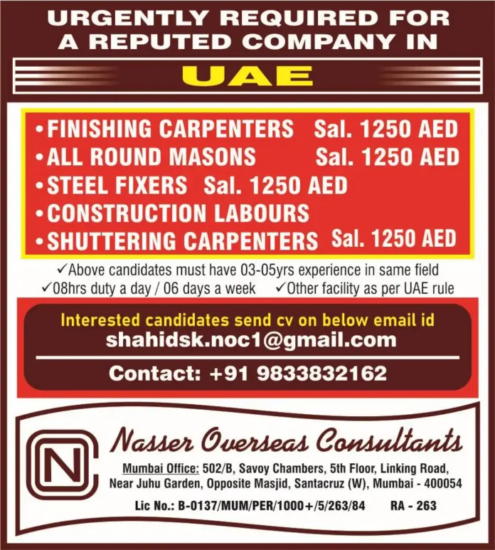 Construction jobs recruitment in UAE for carpenters and masons