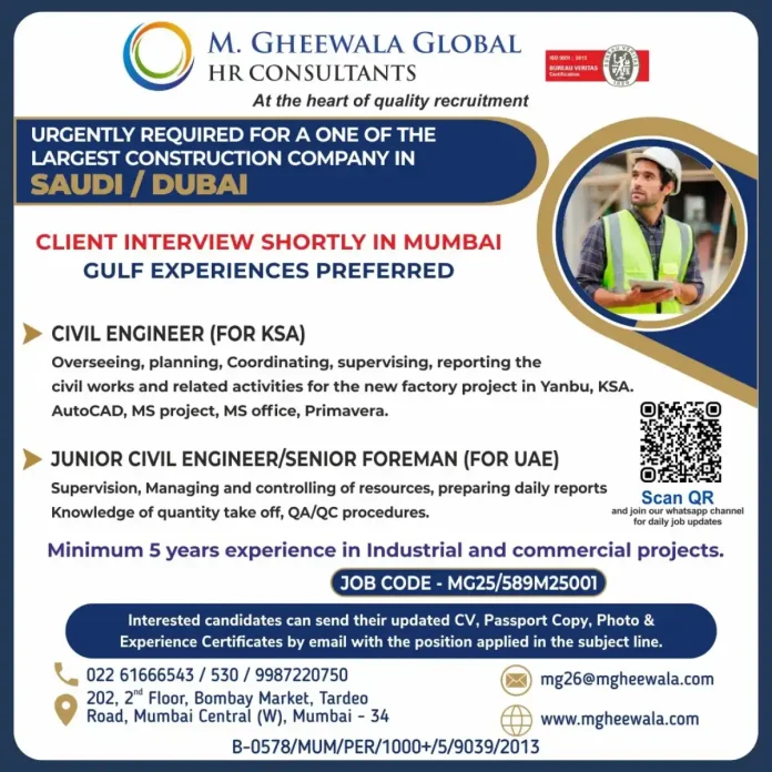 Civil Engineer Job Opportunity in Saudi Arabia and UAE with M. Gheewala
