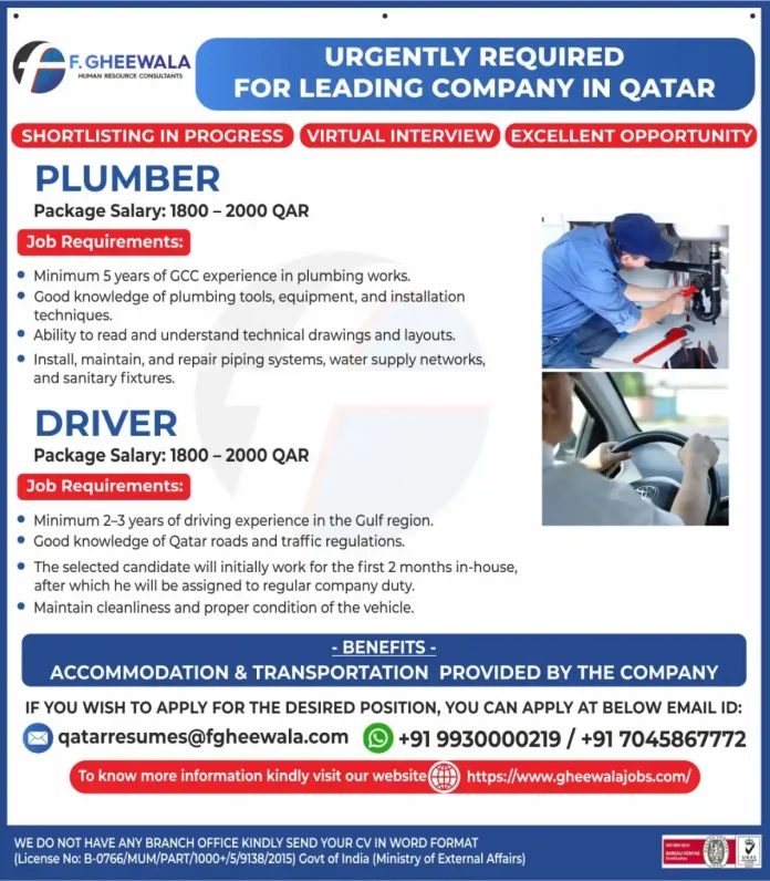 F Gheewala Recruitment for Plumber and Driver Jobs in Qatar