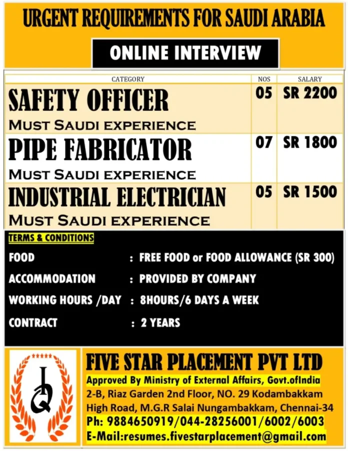 Five Star Placement Job Opportunities in Saudi Arabia