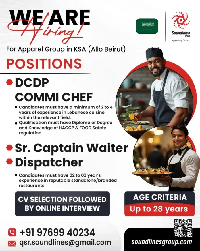 Hiring for restaurant staff positions in Saudi Arabia with Apparel Group