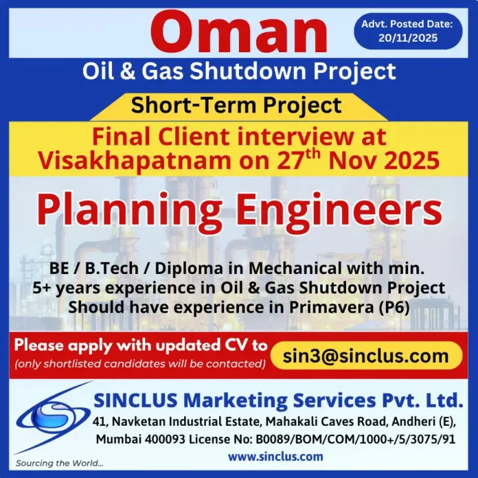 Planning Engineer position for Oil and Gas Shutdown Project in Oman