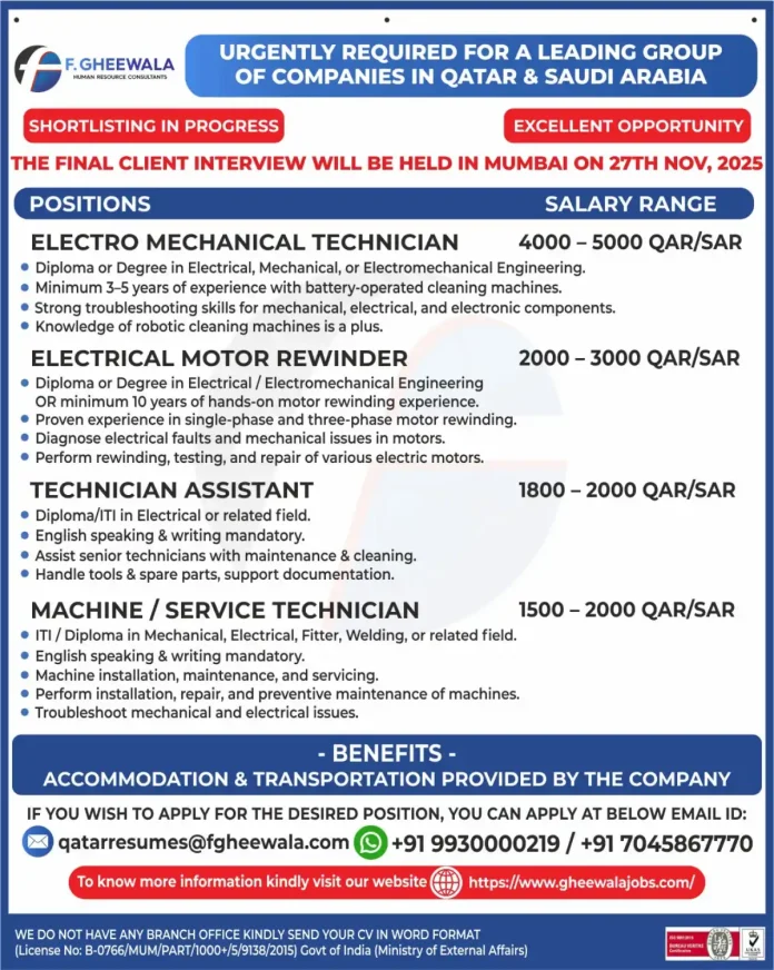F. Gheewala HR Consultants Job Openings for Technicians in Qatar and Saudi Arabia