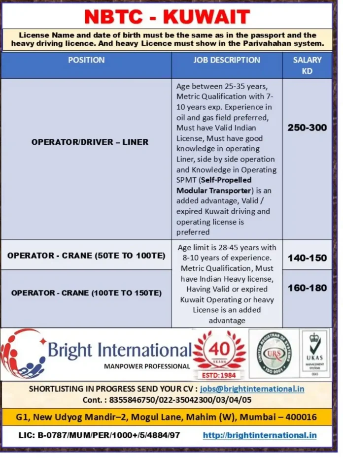 NBTC Kuwait Heavy Equipment Operator Job Recruitment