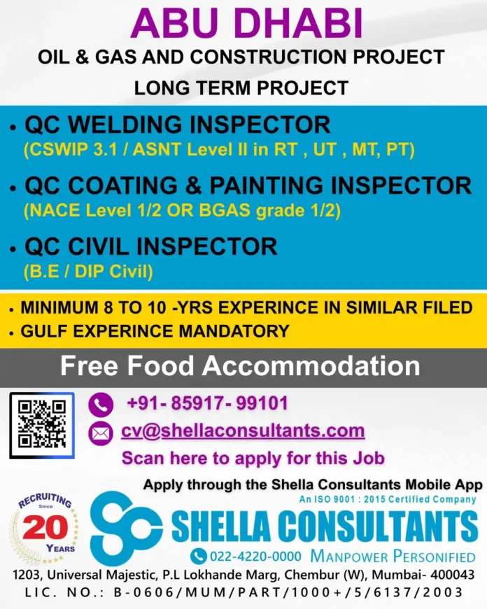 Shella Consultants Recruitment for QC Inspector Jobs in Abu Dhabi Oil and Gas Sector