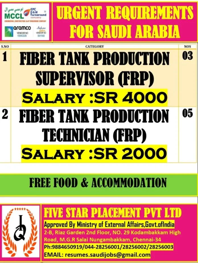 FRP Tank Production Jobs in Saudi Arabia
