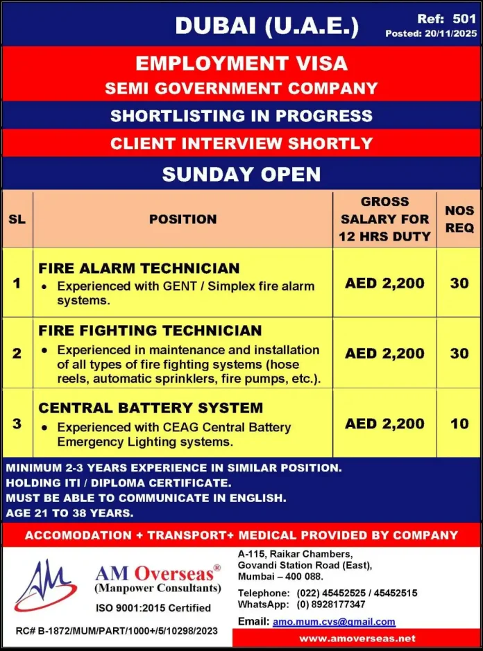 Fire Technician Job Openings in Dubai