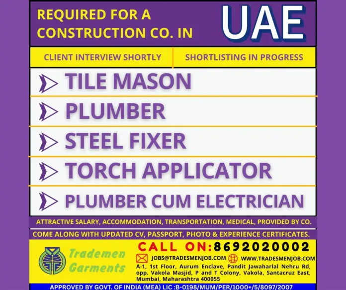 Skilled construction workers at a site in UAE
