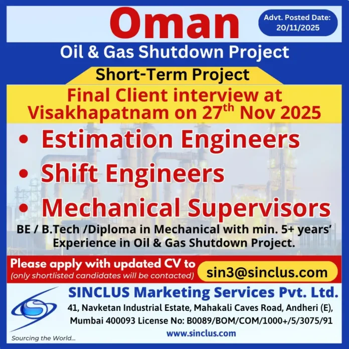 Career Opportunities in Oman Oil and Gas Shutdown Project