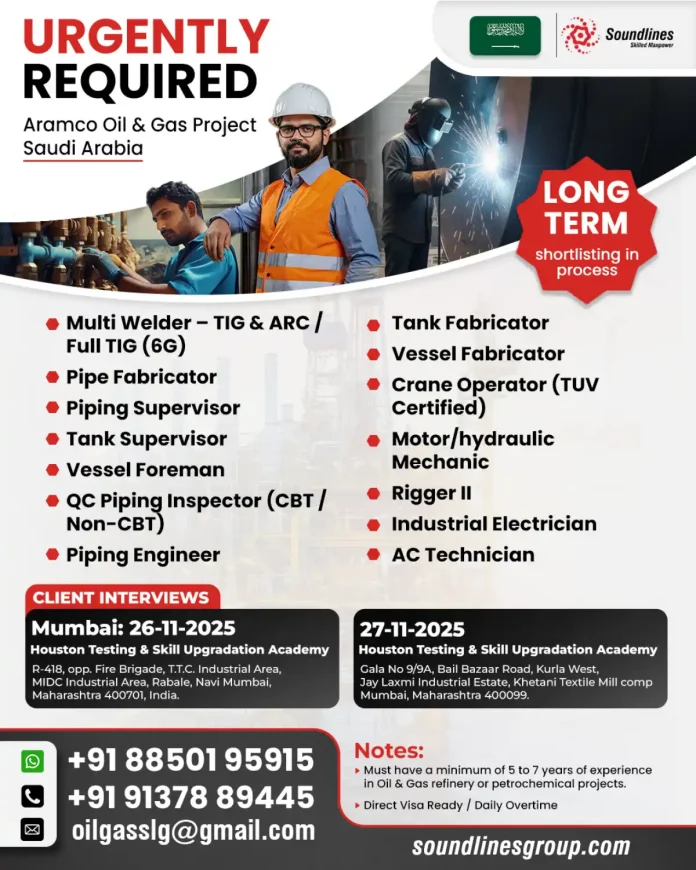 Aramco Oil & Gas Project Recruitment for Skilled Workers