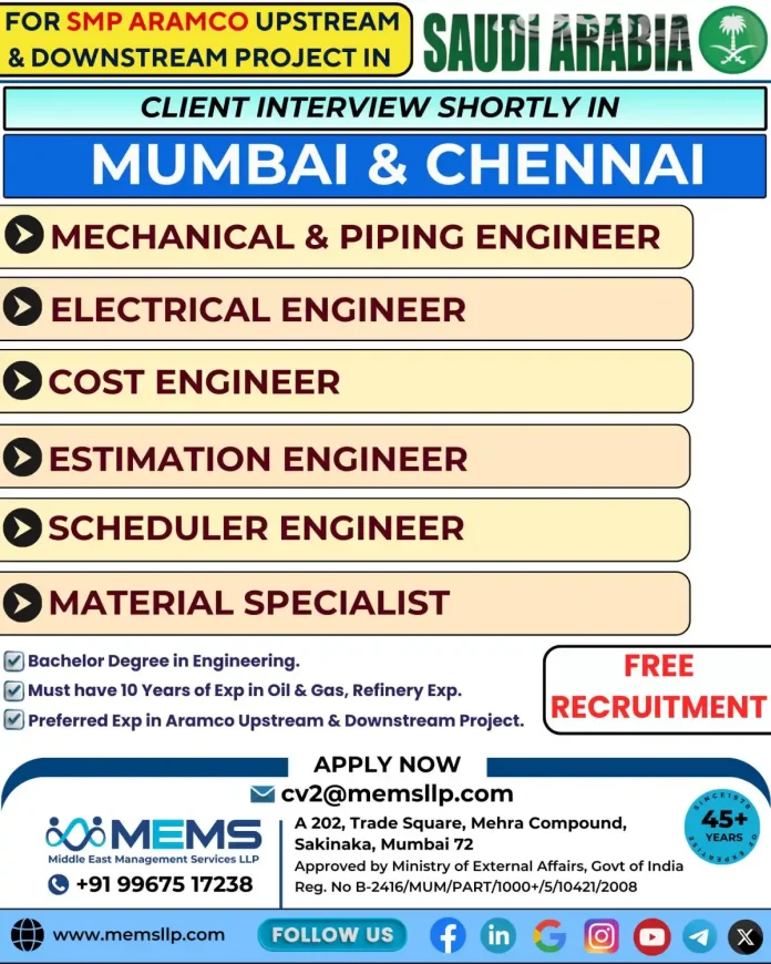 MEMS Recruitment for Aramco Projects in Saudi Arabia