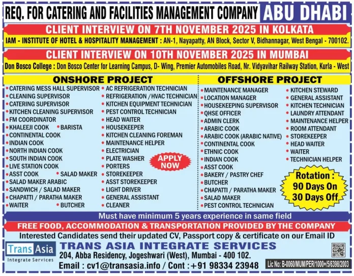 Catering and Facilities Management Job Opportunities in Abu Dhabi