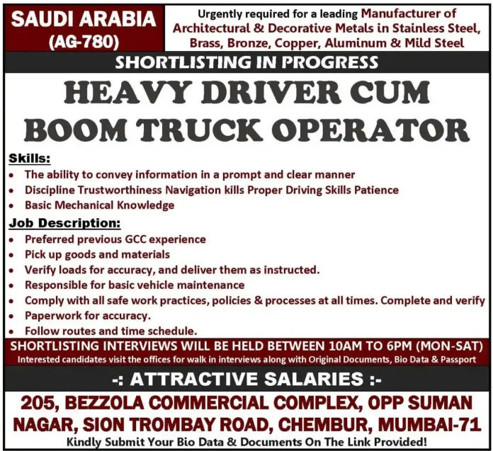 Heavy Driver and Boom Truck Operator Job Opportunity in Saudi Arabia