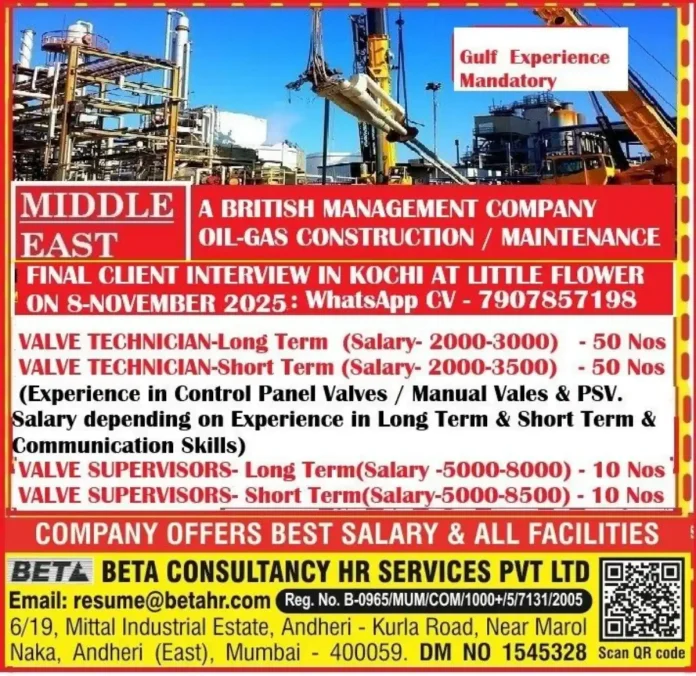 Valve Technician and Supervisor Recruitment for Gulf Oil and Gas Projects