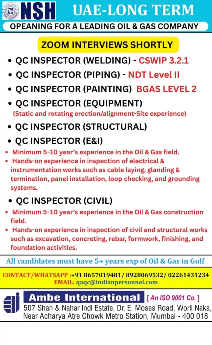 QC Inspector Job Opportunities in UAE Oil and Gas Industry