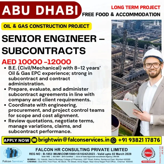 Senior Engineer Subcontracts Job Opportunity in Abu Dhabi Oil & Gas Industry