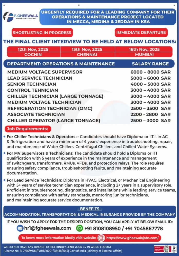 F. Gheewala HR Consultants Operations and Maintenance Job Opportunities in Saudi Arabia